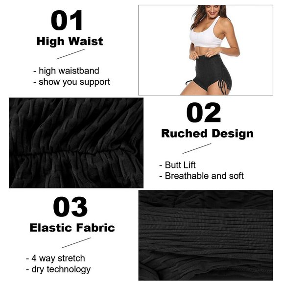High Rise Yoga Short Wide Waistband Ruched Shorts Hides tummy flab - Black - Picture 10 of 15